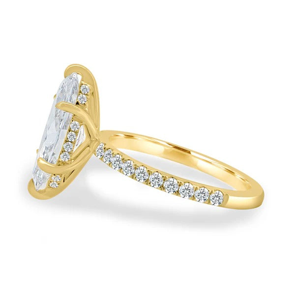 Marquise cut lab grown diamond six claw ring with hidden halo and pave band