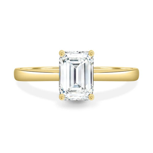 Emerald cut lab grown diamond square claw solitaire ring