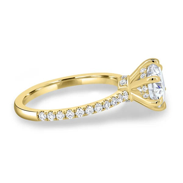 Round cut lab grown diamond six claw ring with hidden halo collar and pave band