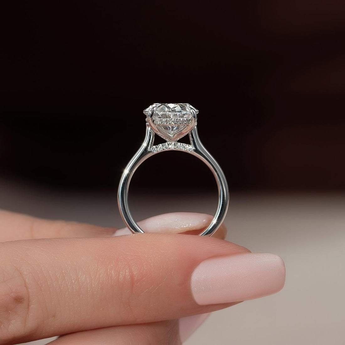 Elongated cushion cut lab grown diamond ring with split shoulders and double hidden halo in white gold