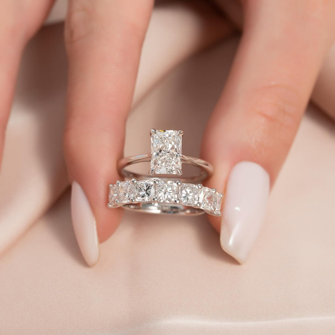 Radiant cut lab grown diamond bridal ring set with matching eternity band in white gold