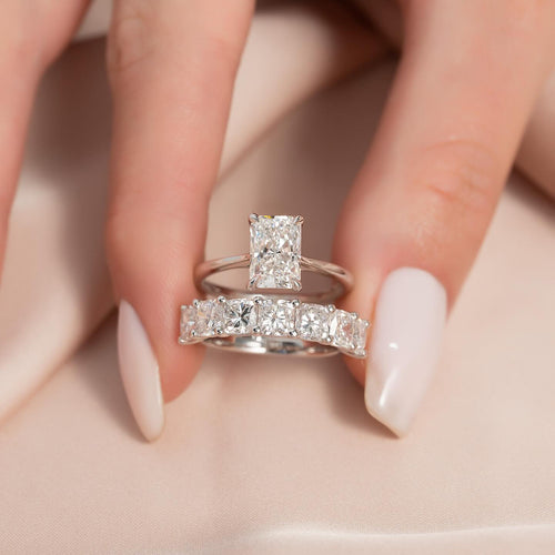 Radiant cut lab grown diamond bridal ring set with matching eternity band in white gold