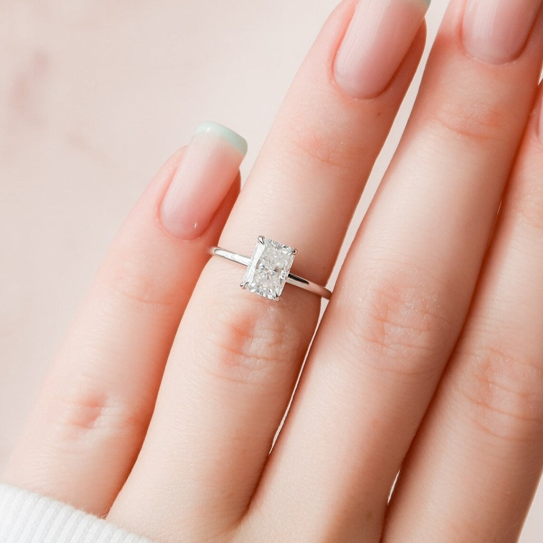 Handmade radiant cut lab grown diamond anniversary ring, front view