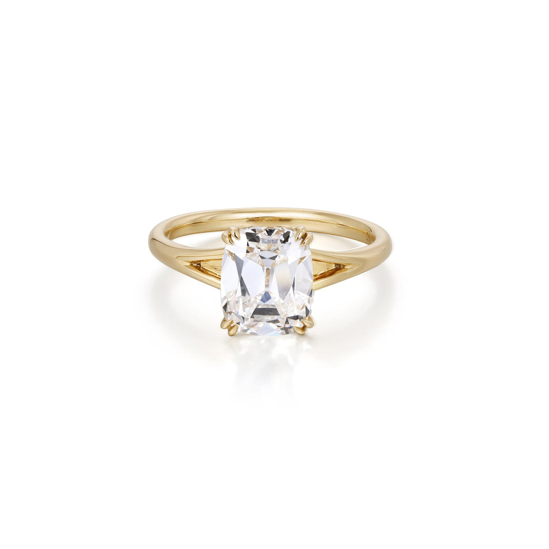 Old mine cut lab grown diamond hidden halo ring with double claws in 14K yellow gold