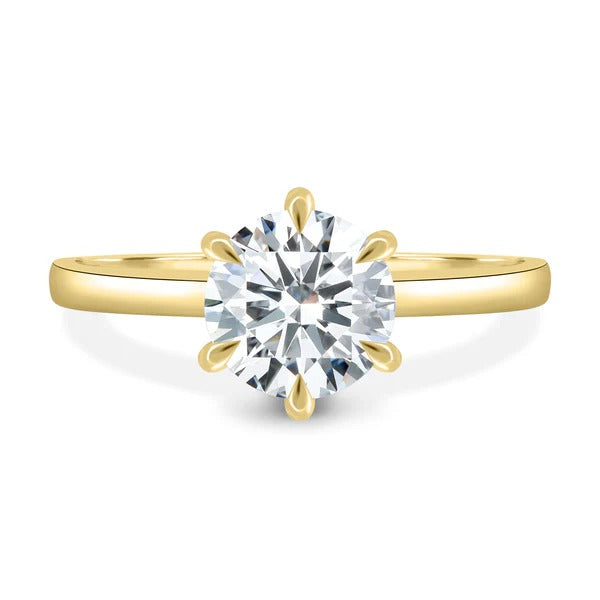 Round cut lab grown diamond six claw solitaire ring with hidden halo