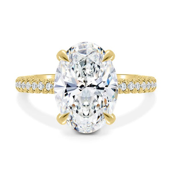 Oval cut lab grown diamond hidden halo ring on three row pave band