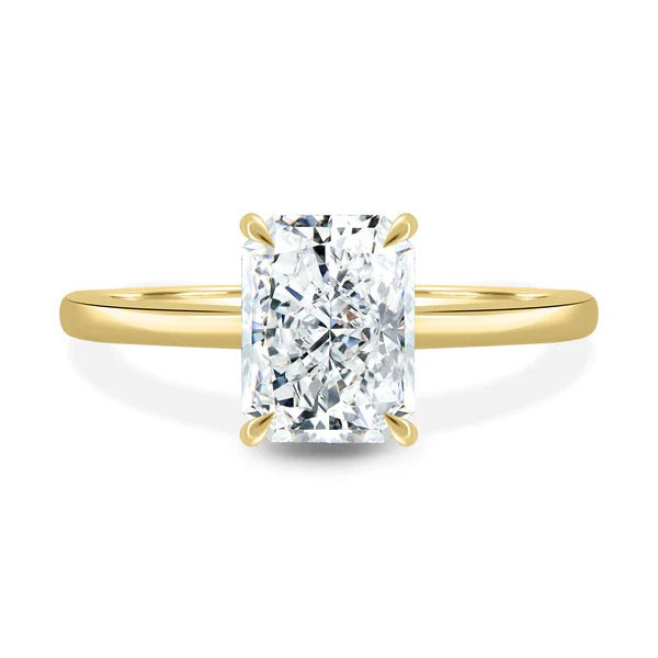Radiant cut lab grown diamond four claw solitaire ring with plain band