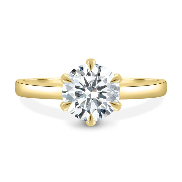 Round cut lab grown diamond six claw solitaire ring with tapered band