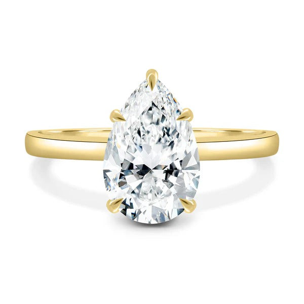 Pear lab grown diamond solitaire ring side profile showing hidden halo