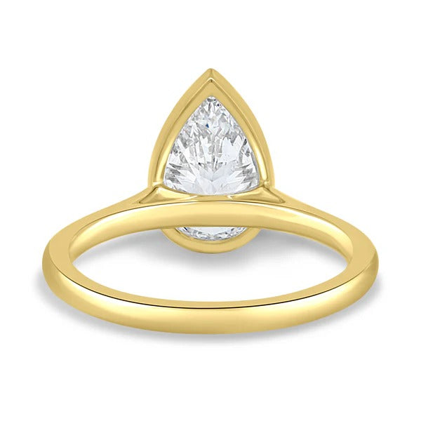 Full bezel pear diamond ring cathedral shoulder profile