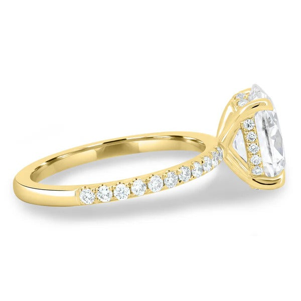 Oval hidden halo and single row pave visible in side profile