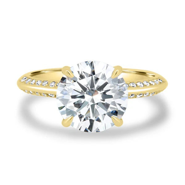 Round cut lab grown diamond hidden halo ring on knife edge pave band