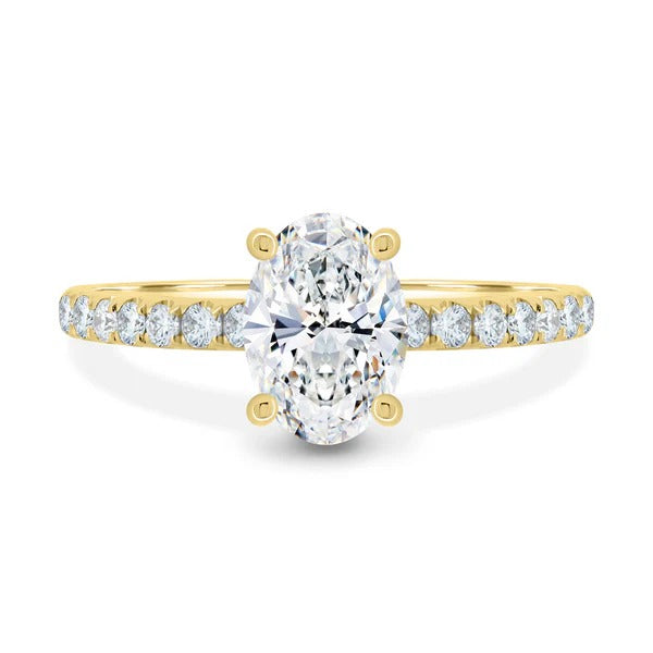 Oval cut lab grown diamond square claw solitaire ring with pave band