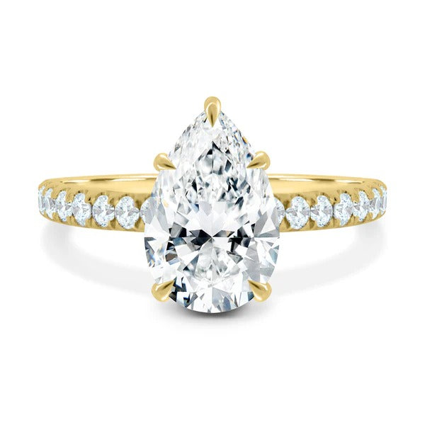 Pear cut lab grown diamond five claw hidden halo ring with scalloped pave