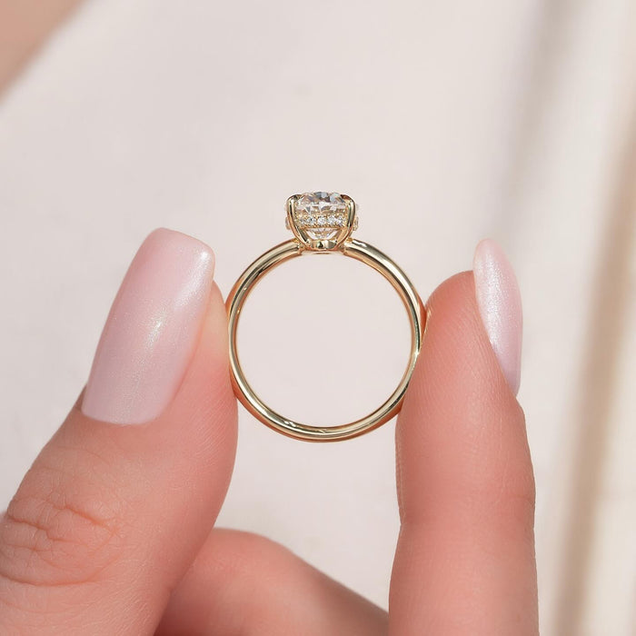 Oval lab grown diamond engagement ring with plain band close view
