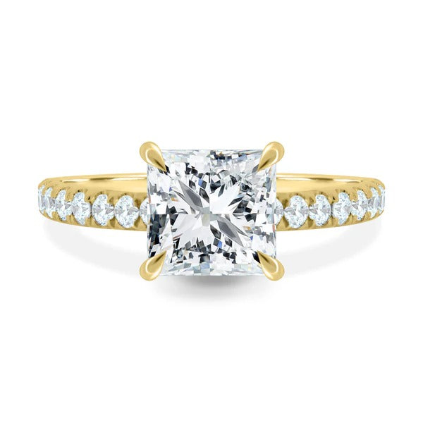 Princess cut lab grown diamond ring with hidden halo and pave band