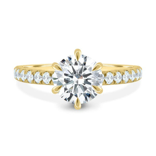 Round lab grown diamond pave engagement ring detail view