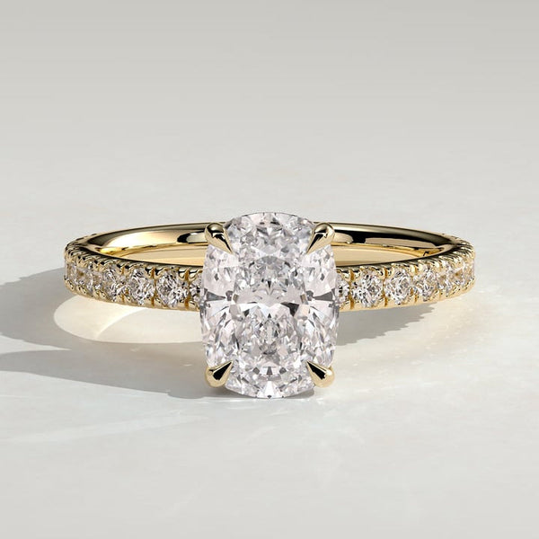 Elongated Cushion Cut Lab Grown Diamond Hidden Halo Ring on a Pave Band in Silver, 10K, 14K and 18K Gold