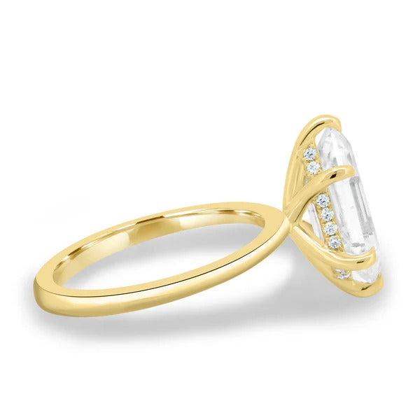 Elongated hexagon lab grown diamond hidden halo ring side profile