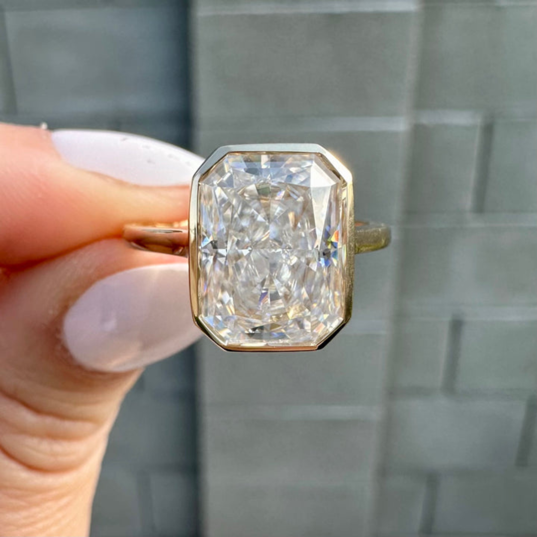 Mid century radiant cut lab grown diamond anniversary ring, front view