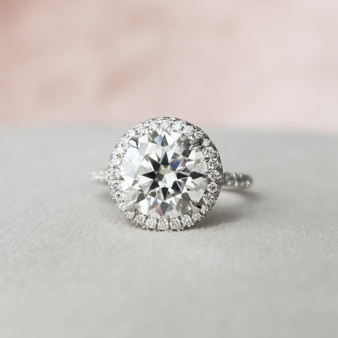 Minimalist Art Deco round lab grown diamond anniversary ring, front view