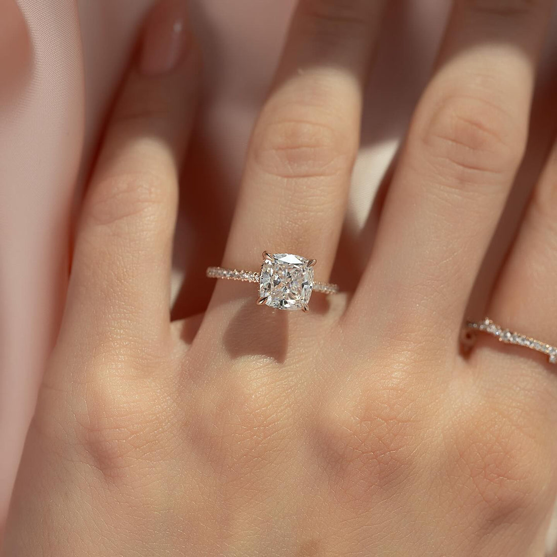 Antique style cushion cut lab grown diamond ring with pave band in rose gold