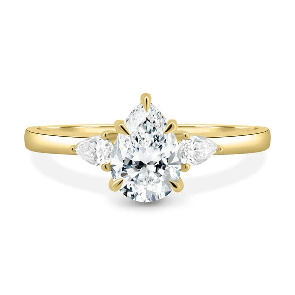 Pear cut lab grown diamond trilogy ring with two pear side stones