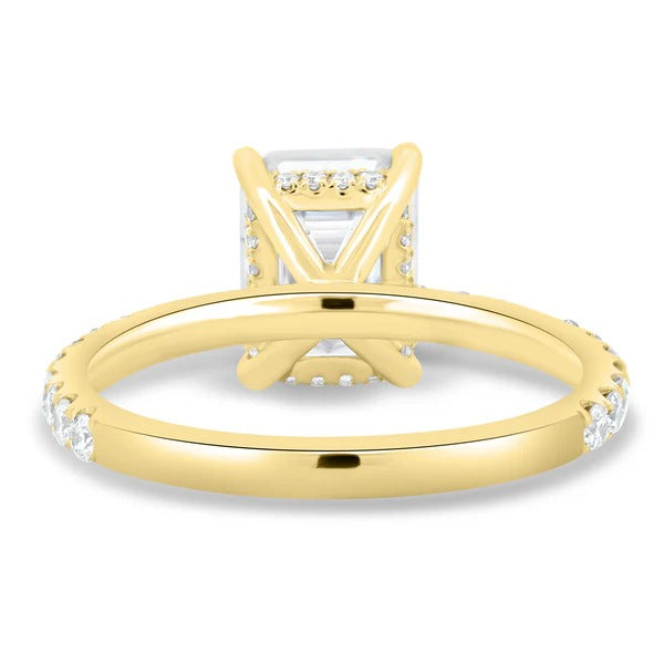 Emerald cut diamond hidden halo pave ring side profile
