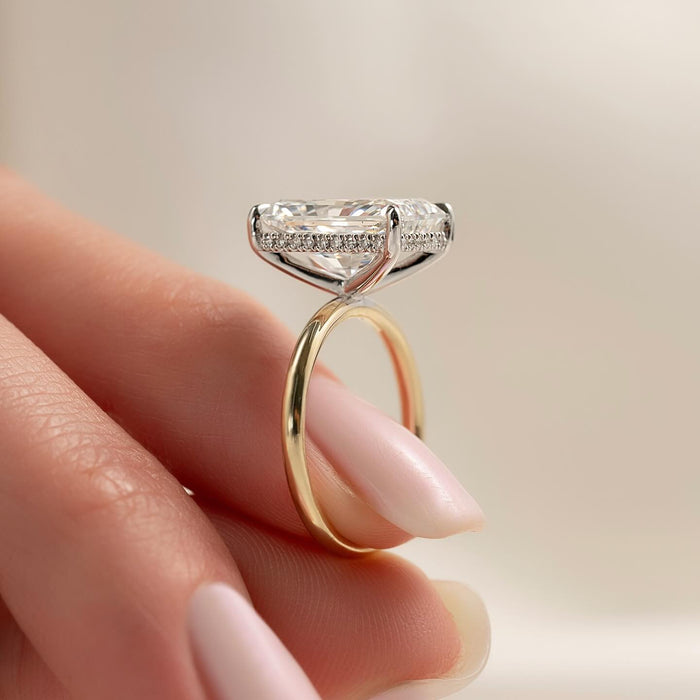 Profile showing the deep hidden halo beneath the radiant cut centre stone
