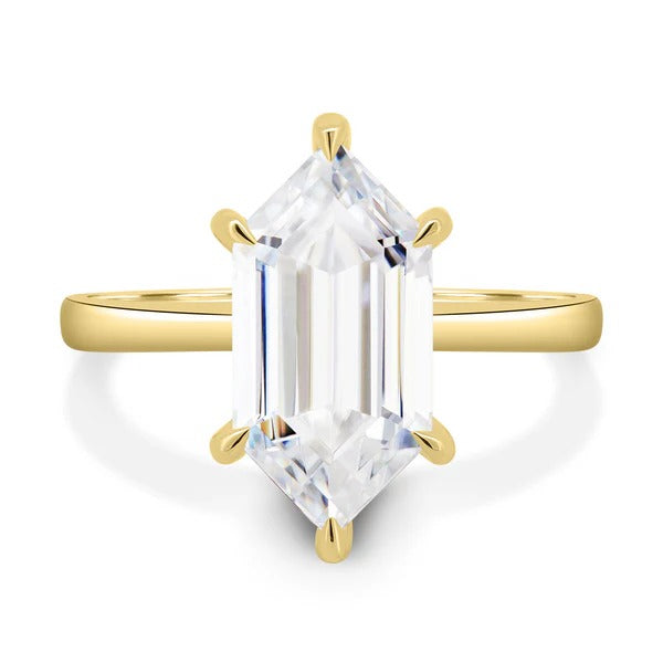 Elongated hexagon cut lab grown diamond six claw hidden halo ring