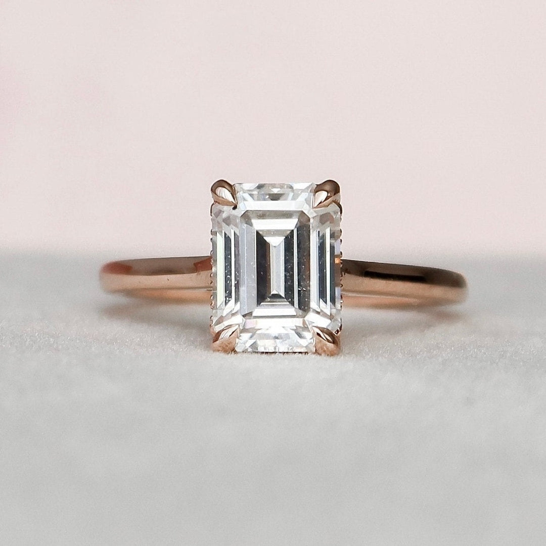 Victorian emerald cut lab grown diamond ring, front view