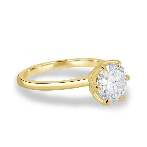 Round cut lab grown diamond six claw ring with a petal basket on a plain slim band