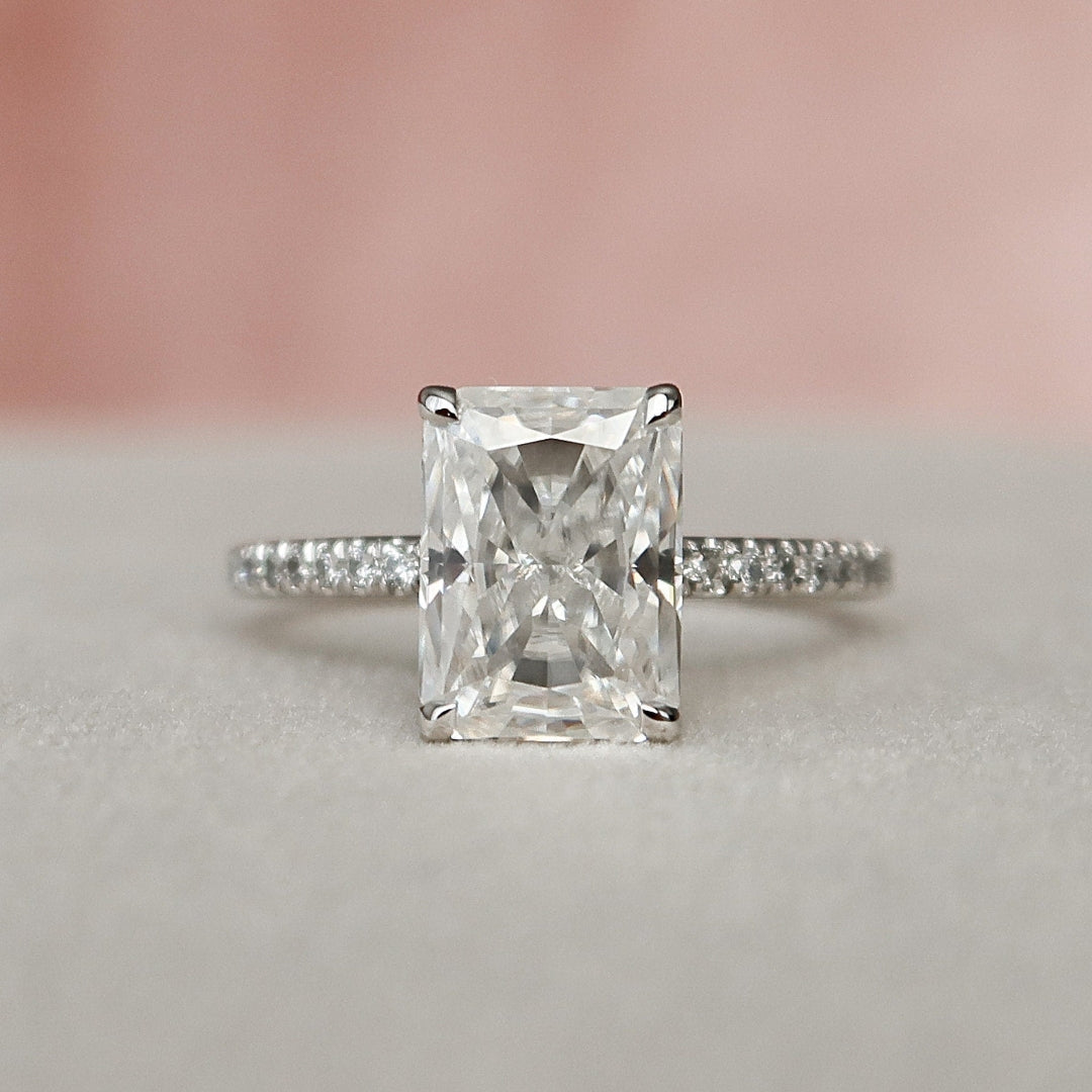 Avant garde radiant cut lab grown diamond wedding ring, front view