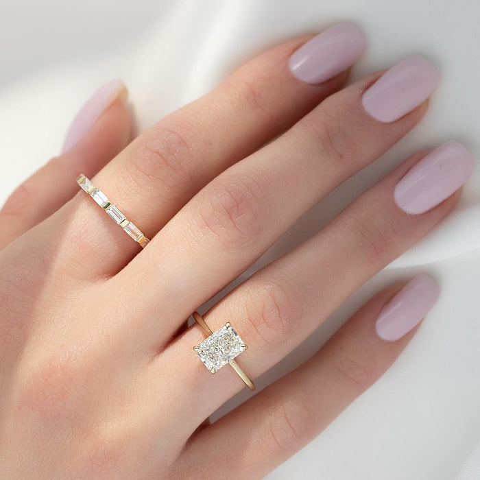Elongated radiant lab grown diamond ring shown from another angle