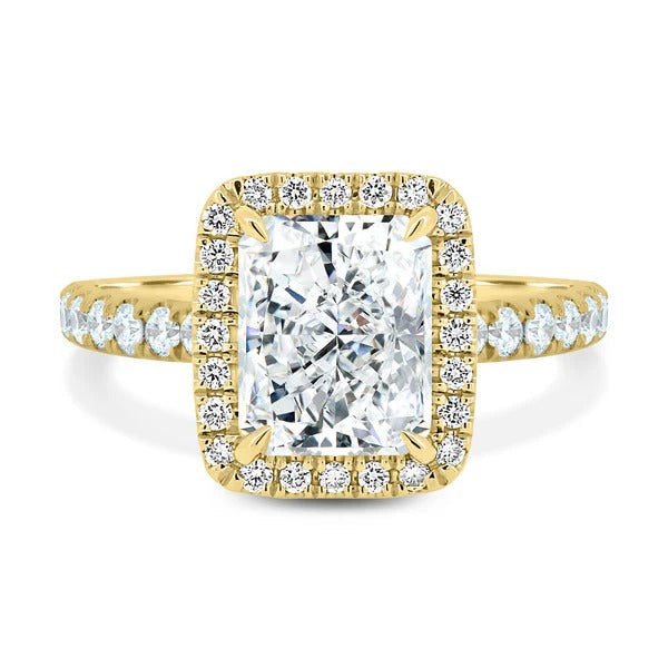 Radiant cut lab grown diamond halo ring with pave band