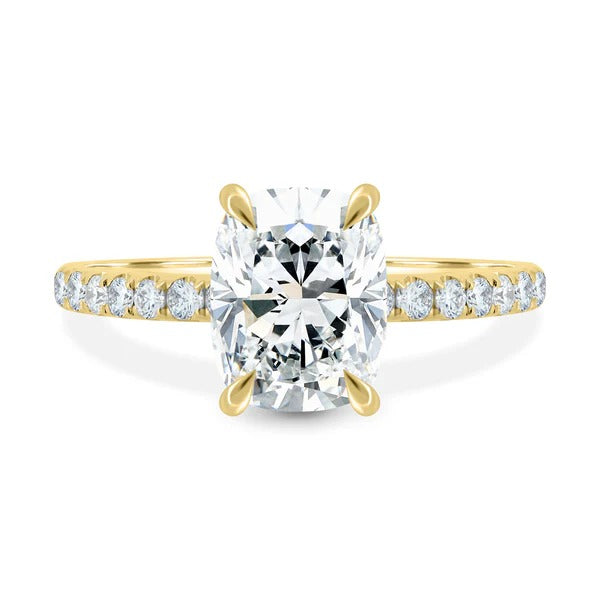 Elongated cushion cut lab grown diamond hidden halo ring with pave band