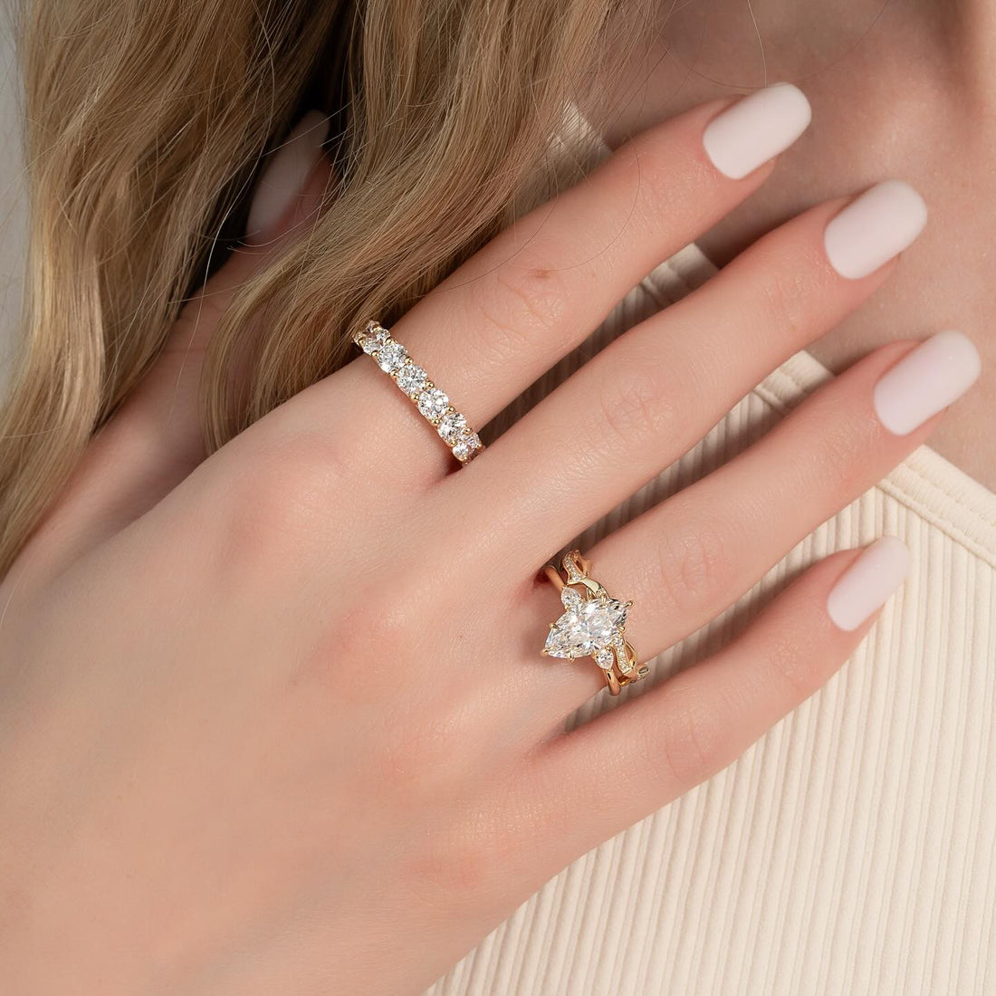 Marquise cut lab grown diamond bridal set with twisted vine pave band in yellow gold