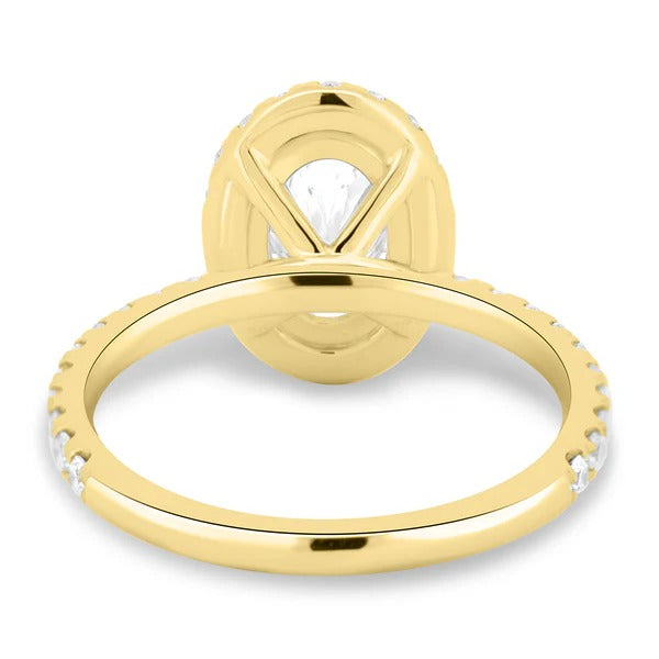 Oval cut lab grown diamond halo ring with pave band