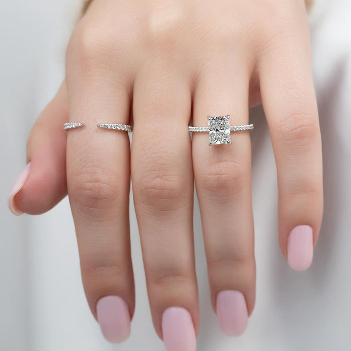Radiant cut lab grown diamond ring shown from another angle