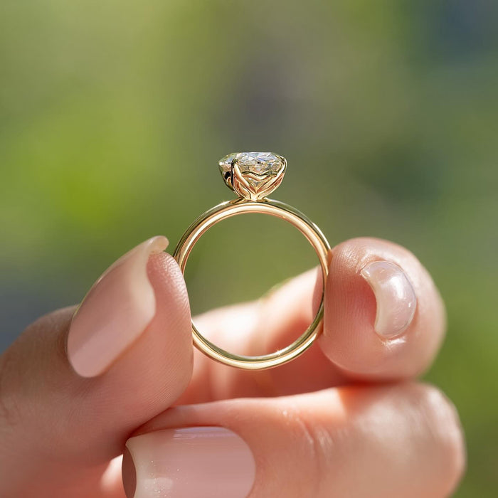 East west oval lab grown diamond ring on a bare wire band