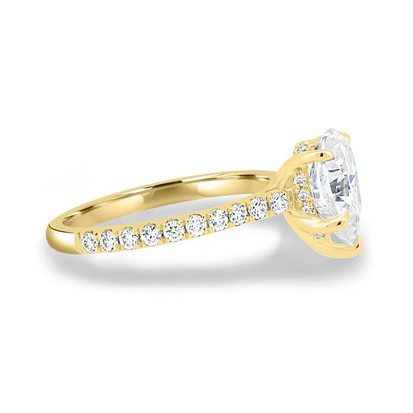 Three quarter pave band and hidden halo in side profile
