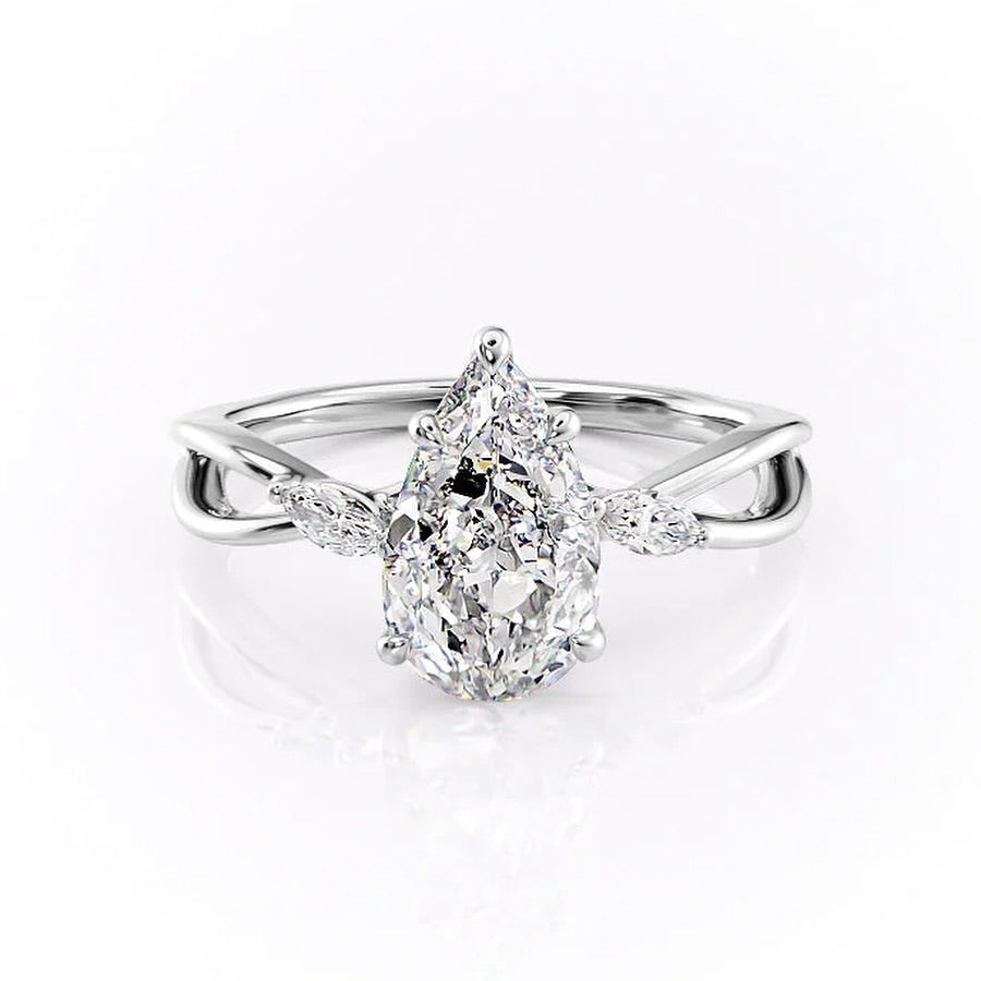 Pear cut lab grown diamond ring with marquise side stones on an infinity twist band