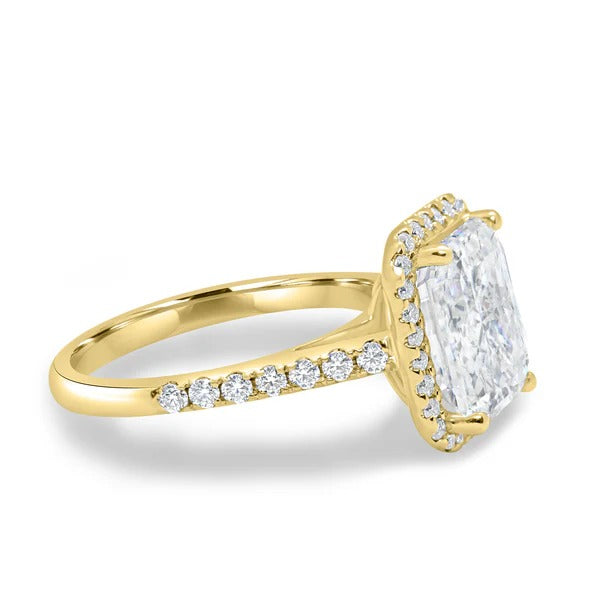Radiant cut lab grown diamond halo ring detail view
