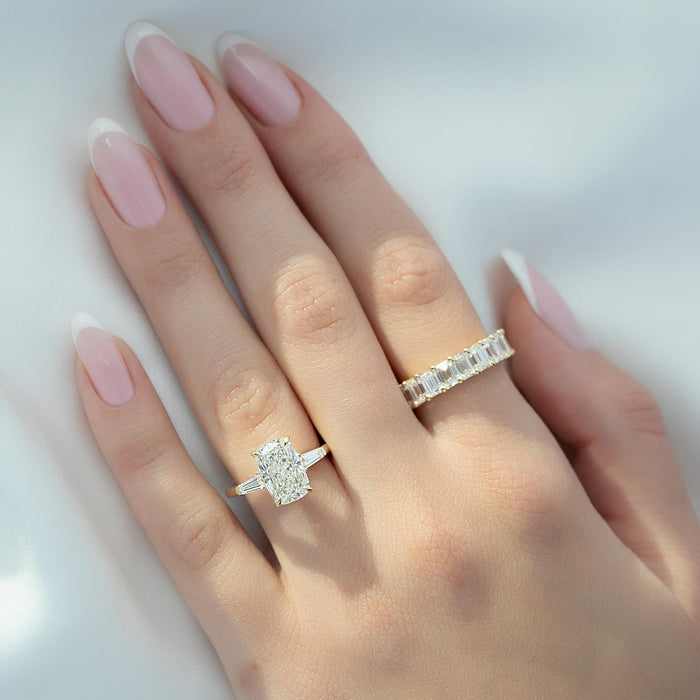 Elongated cushion cut lab grown diamond ring worn on the hand