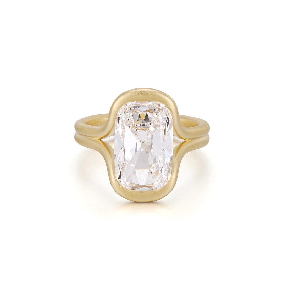 Hand view of a brushed gold double shank ring set with an old mine cut diamond