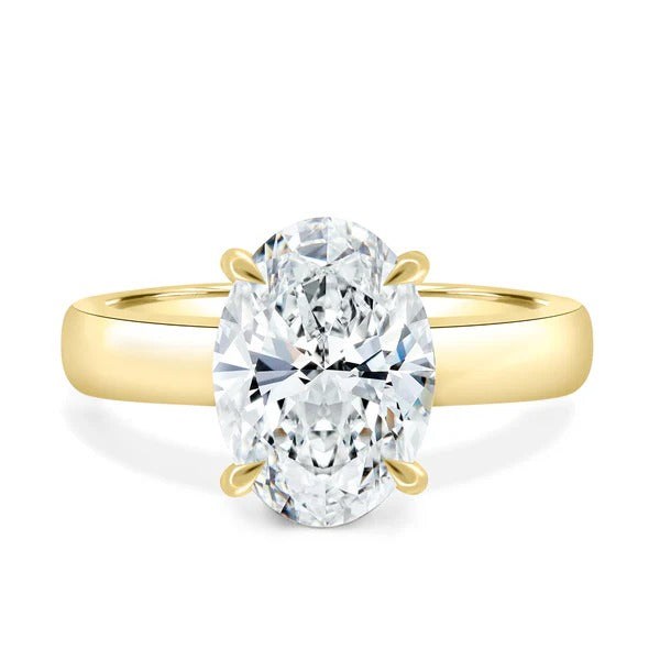 Oval cut lab grown diamond hidden halo solitaire ring with wide domed band
