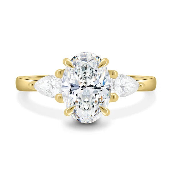 Oval lab grown diamond three stone trellis ring profile view