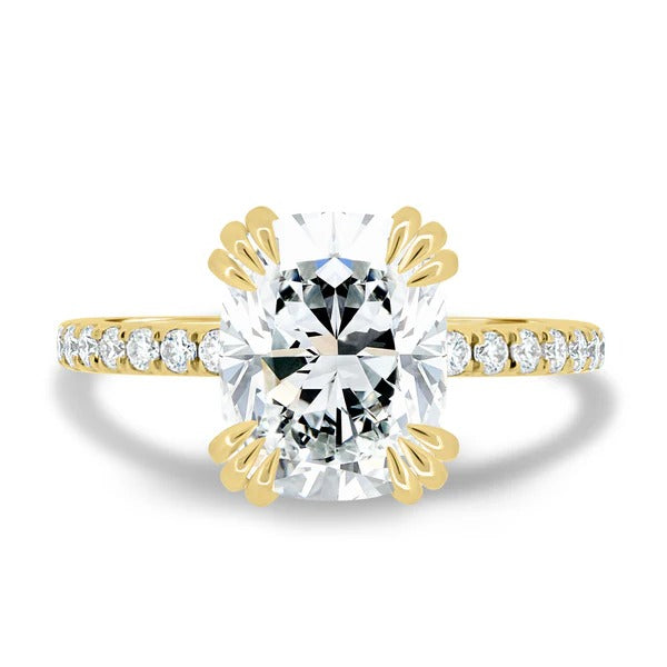 Elongated cushion cut lab grown diamond eagle claw ring with pave band