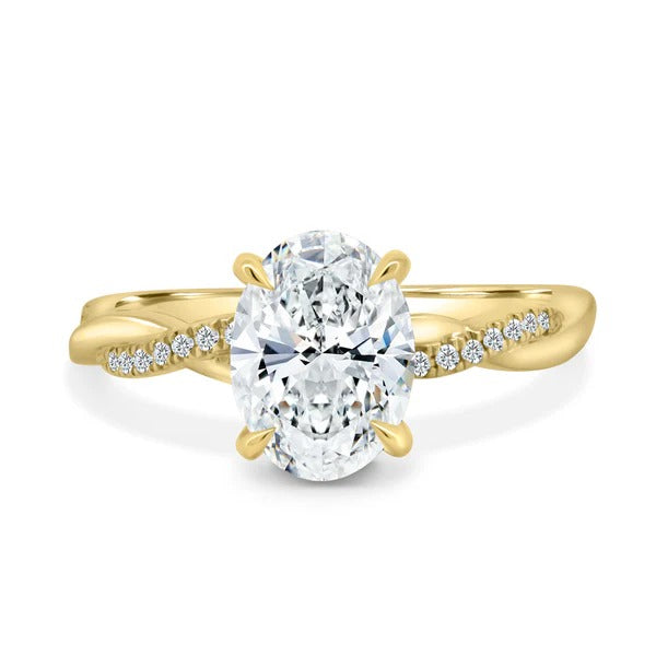 Oval cut lab grown diamond solitaire ring on infinity twist pave band