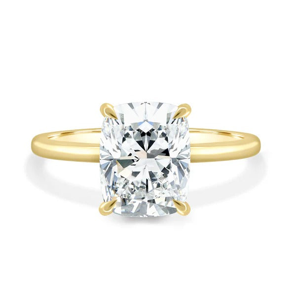 Low set cushion cut diamond on knife edge band detail
